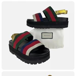 Gucci Women Auth 8.5 US 38.5 EU Platform Logo Web Slingback Sandals Shoes Strap